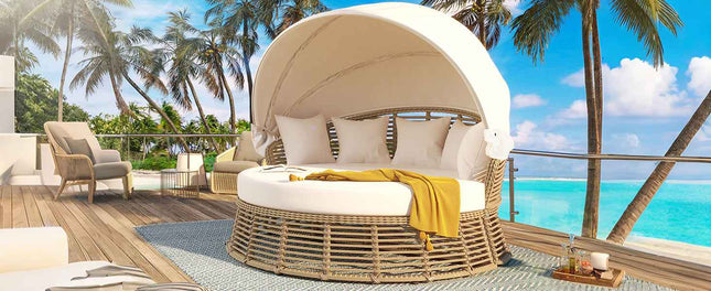 Outdoor Patio Rattan Round Daybed with Retractable Canopy, Wicker - Furniture | Patioza