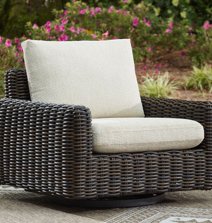 Kimora - 7 Pc. - 4-Piece Outdoor Sectional, Swivel Glider Lounge, Cocktail Table, End Table - Beige / Dark Brown - 7 Piece Outdoor Sets | Patioza