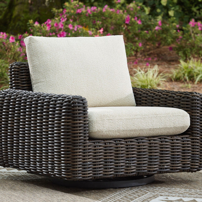 Kimora - 7 Pc. - 4-Piece Outdoor Sectional, Swivel Glider Lounge, Cocktail Table, End Table - Beige / Dark Brown - 7 Piece Outdoor Sets | Patioza