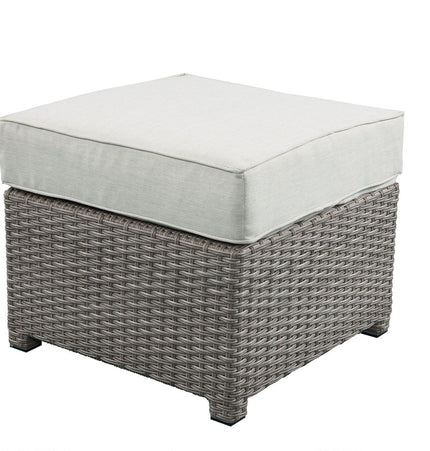 Salena - All Weather Wicker Patio Sofa & Ottoman With 2 Toss Pillows - Beige / Gray - 2 Piece Outdoor Sets | Patioza