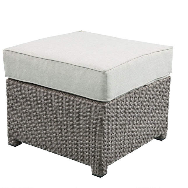 Salena - All Weather Wicker Patio Sofa & Ottoman With 2 Toss Pillows - Beige / Gray - 2 Piece Outdoor Sets | Patioza