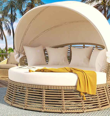 Outdoor Patio Rattan Round Daybed with Retractable Canopy, Wicker - Furniture | Patioza