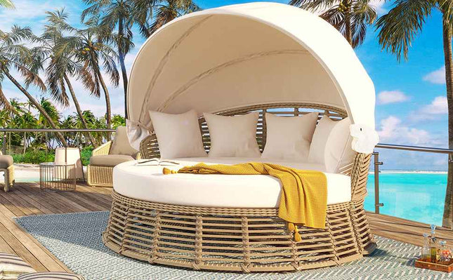 Outdoor Patio Rattan Round Daybed with Retractable Canopy, Wicker - Furniture | Patioza