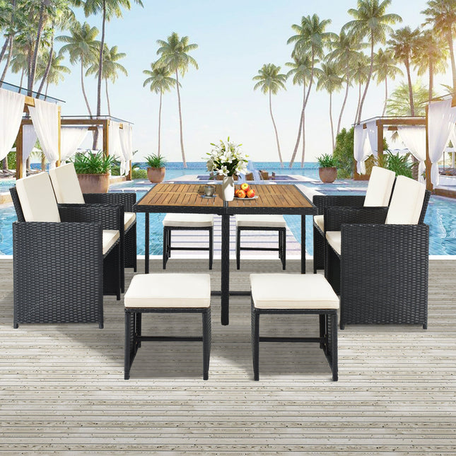 TOPMAX Patio All - Weather PE Wicker Dining Table Set with Wood Tabletop for 8, Black Rattan+Beige Cushion (9 - Piece) - Patio Furniture | Patioza