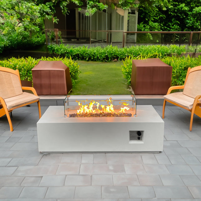 52 Inch Outdoor Concrete Propane gas rectangle Fire Pit table in Antique white color - Fire Pits | Patioza