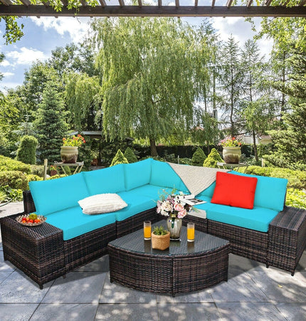 6 Piece Wicker Patio Sectional Sofa Set with Tempered Glass Coffee Table - Turquoise - Patio Furniture | Patioza