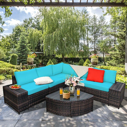 6 Piece Wicker Patio Sectional Sofa Set with Tempered Glass Coffee Table - Turquoise - Patio Furniture | Patioza