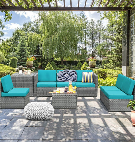 8 Piece Wicker Sofa Rattan Dinning Set Patio Furniture with Storage Table - Turquoise - Patio Furniture | Patioza
