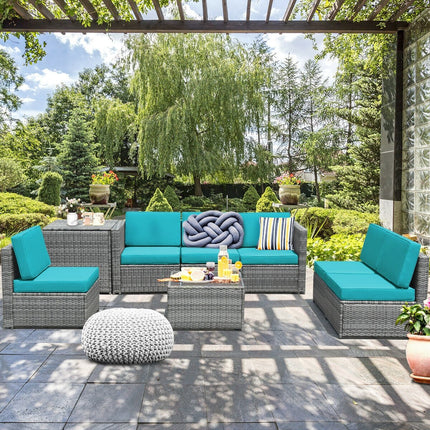 8 Piece Wicker Sofa Rattan Dinning Set Patio Furniture with Storage Table - Turquoise - Patio Furniture | Patioza