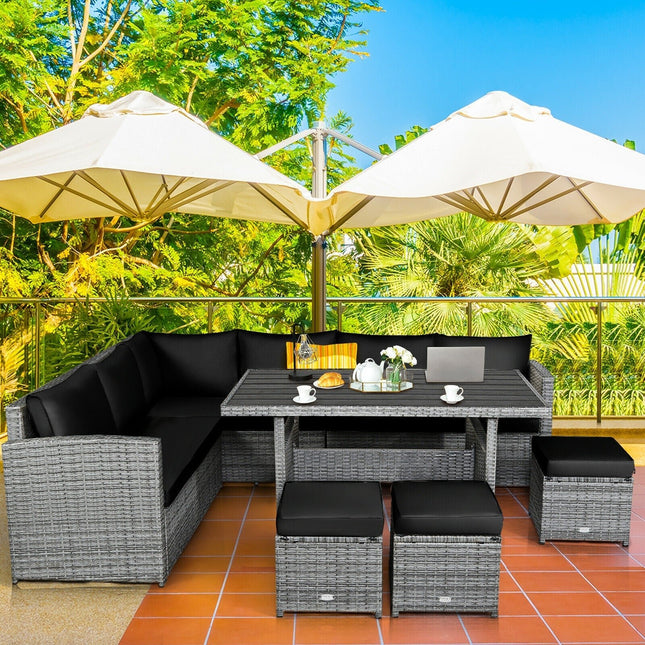 7 Pieces Patio Rattan Dining Furniture Sectional Sofa Set with Wicker Ottoman - Black - Patio Furniture | Patioza
