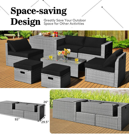 8 Pieces Patio Rattan Furniture Set with Storage Waterproof Cover and Cushion - Black - Patio Furniture | Patioza