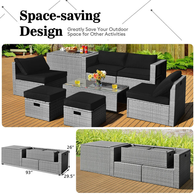 8 Pieces Patio Rattan Furniture Set with Storage Waterproof Cover and Cushion - Black - Patio Furniture | Patioza
