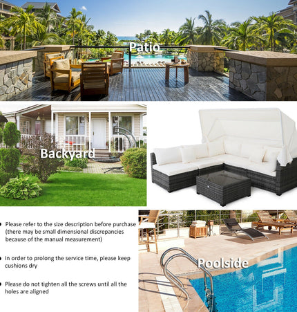 6 Pieces Patio Rattan Furniture Set with Retractable Canopy - Patio Furniture | Patioza