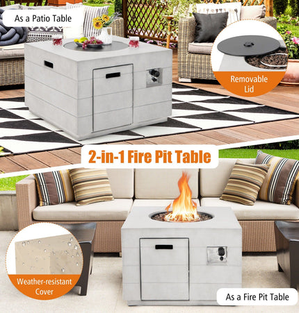 34 Inch Square Concrete Propane Fire Pit Table with Lava Rocks and Cover 50 000 BTU - Gray - Fire Pits | Patioza
