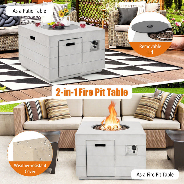 34 Inch Square Concrete Propane Fire Pit Table with Lava Rocks and Cover 50 000 BTU - Gray - Fire Pits | Patioza