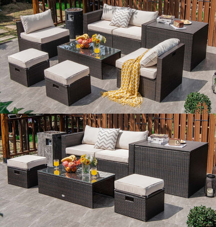 8 Pieces Patio Space - Saving Rattan Furniture Set with Storage Box and Waterproof Cover - White - Patio Furniture | Patioza