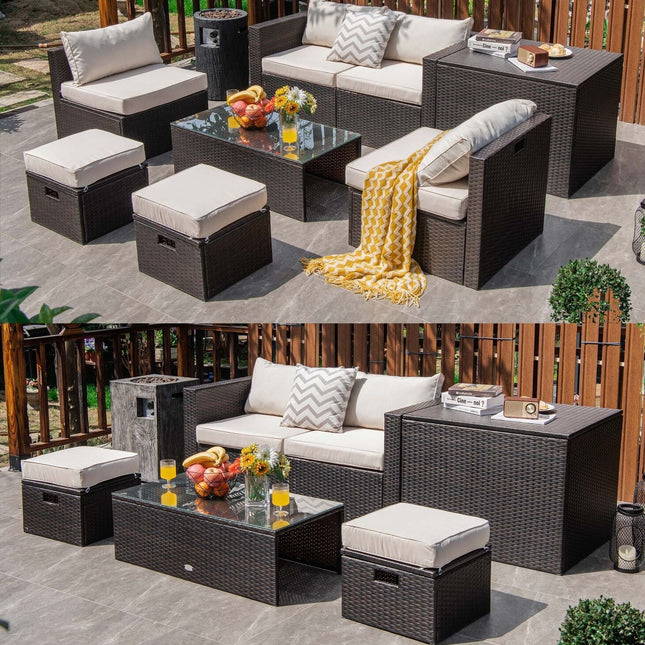 8 Pieces Patio Space - Saving Rattan Furniture Set with Storage Box and Waterproof Cover - White - Patio Furniture | Patioza