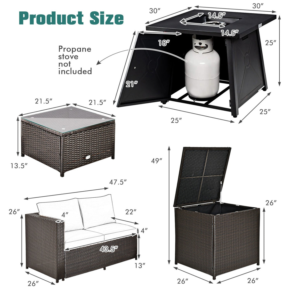 5 Piece Patio Furniture Set with 50000 BTU Propane Fire Pit Table - | Patioza