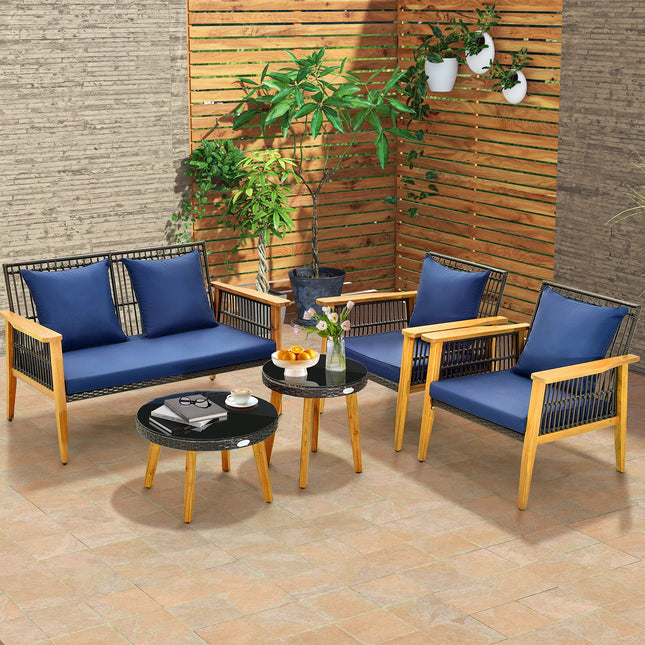 5 Piece Outdoor Conversation Set with 2 Coffee Tables for Backyard Poolside - Navy - Patio Furniture | Patioza