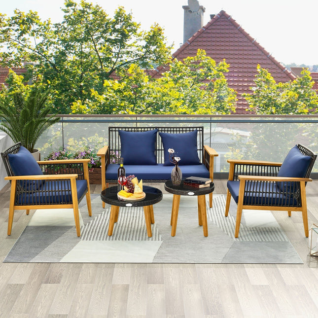 5 Piece Outdoor Conversation Set with 2 Coffee Tables for Backyard Poolside - Navy - Patio Furniture | Patioza