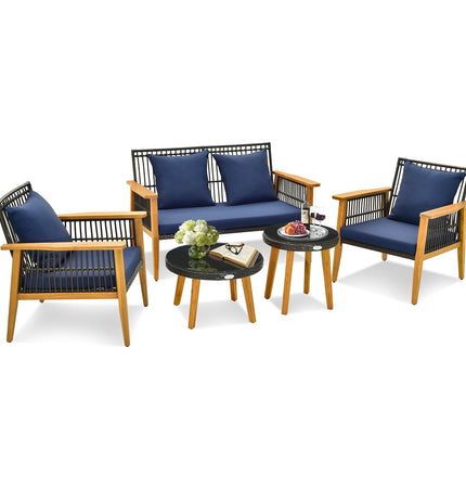 5 Piece Outdoor Conversation Set with 2 Coffee Tables for Backyard Poolside - Navy - Patio Furniture | Patioza