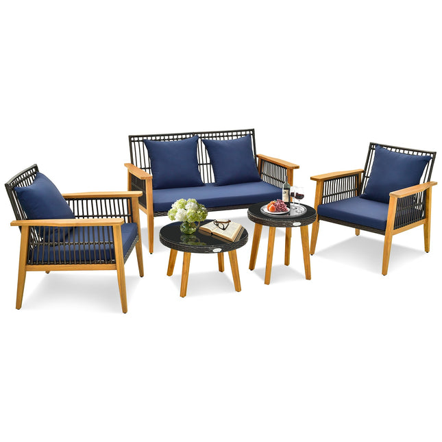 5 Piece Outdoor Conversation Set with 2 Coffee Tables for Backyard Poolside - Navy - Patio Furniture | Patioza