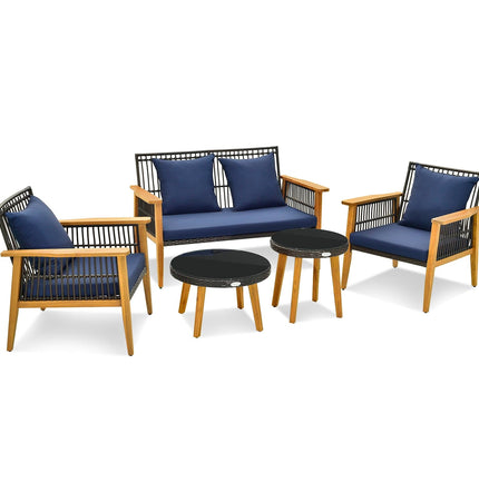 5 Piece Outdoor Conversation Set with 2 Coffee Tables for Backyard Poolside - Navy - Patio Furniture | Patioza