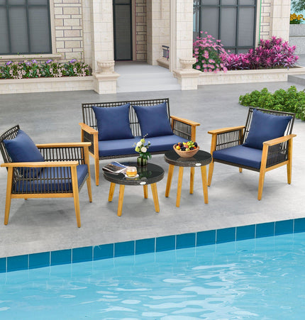 5 Piece Outdoor Conversation Set with 2 Coffee Tables for Backyard Poolside - Navy - Patio Furniture | Patioza