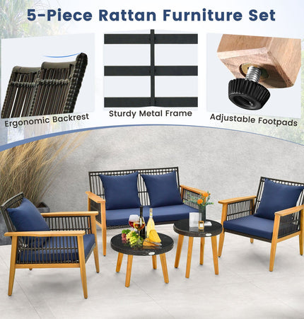 5 Piece Outdoor Conversation Set with 2 Coffee Tables for Backyard Poolside - Navy - Patio Furniture | Patioza