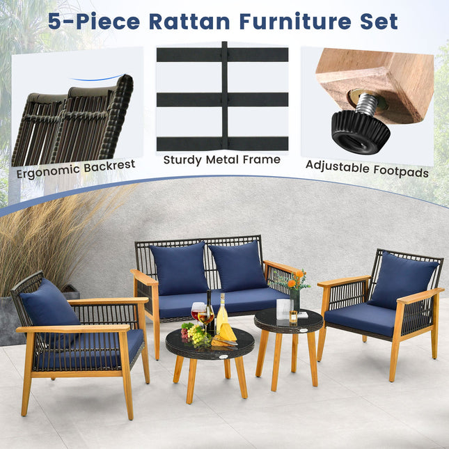 5 Piece Outdoor Conversation Set with 2 Coffee Tables for Backyard Poolside - Navy - Patio Furniture | Patioza