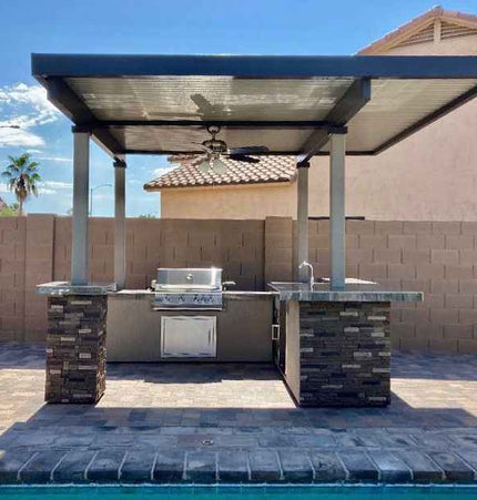 KoKoMo Outdoor Kitchen BBQ Island with 12' x 12' Pergola – Built - In 4 - Burner Grill, Refrigerator, and Lighting - Outdoor Kitchen | Patioza