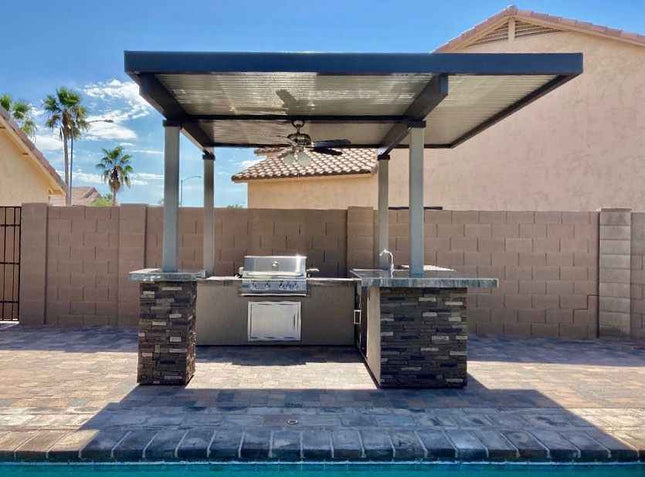 KoKoMo Outdoor Kitchen BBQ Island with 12' x 12' Pergola – Built - In 4 - Burner Grill, Refrigerator, and Lighting - Outdoor Kitchen | Patioza
