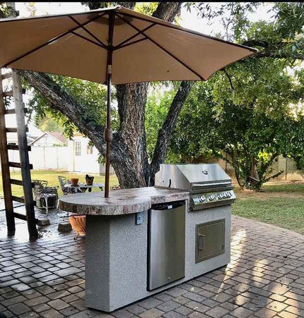 Kokomo Grill BBQ Island Maui 7'6" with 33" Round Bar, LED Lights & Built - In BBQ - Outdoor Kitchen | Patioza