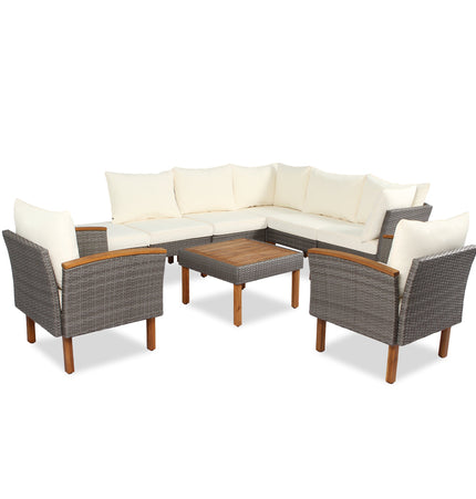 9 - piece Patio rattan furniture set with Acacia wooden legs and tabletop sofa set, coffee table washable cushion beige - Patio Furniture | Patioza