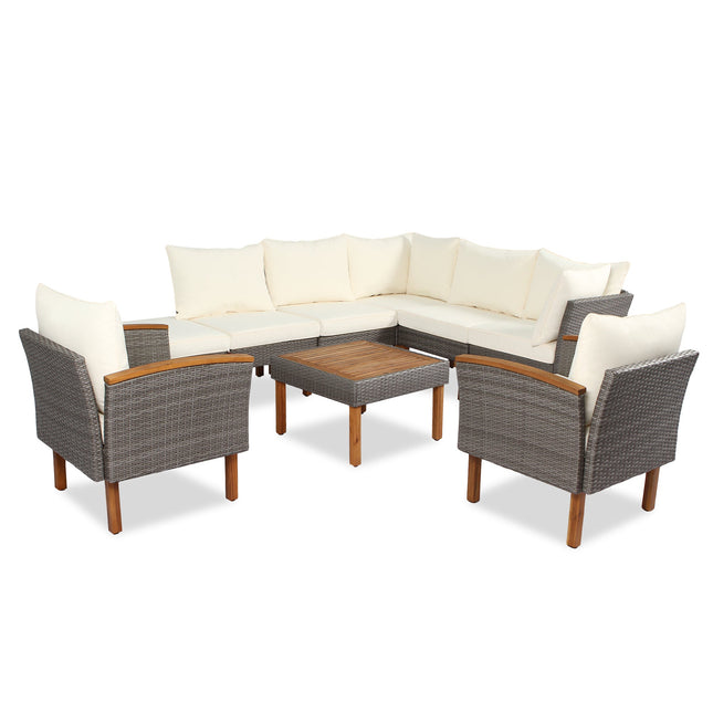 9 - piece Patio rattan furniture set with Acacia wooden legs and tabletop sofa set, coffee table washable cushion beige - Patio Furniture | Patioza