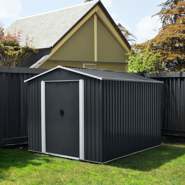 8ft x 10ft Outdoor Metal Storage Shed with Floor Base Black - Storage Sheds | Patioza