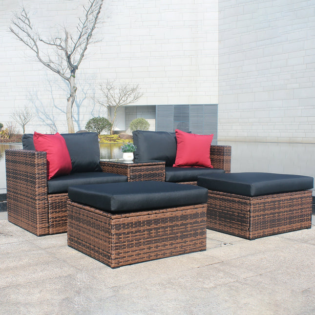 5 Pieces Outdoor Patio Garden Brown Wicker Sectional Conversation Sofa Set - Patio Furniture | Patioza