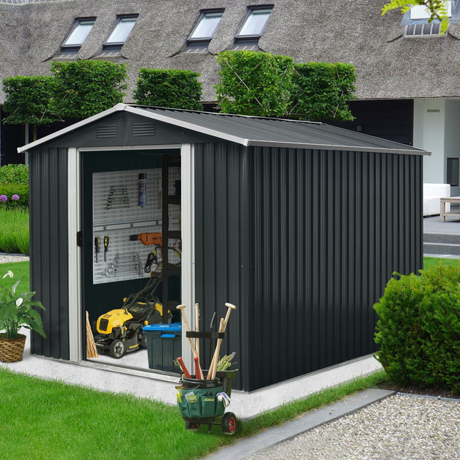 8ft x 10ft Outdoor Metal Storage Shed with Floor Base Black - Storage Sheds | Patioza