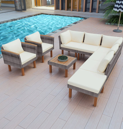 9 - piece Patio rattan furniture set with Acacia wooden legs and tabletop sofa set, coffee table washable cushion beige - Patio Furniture | Patioza