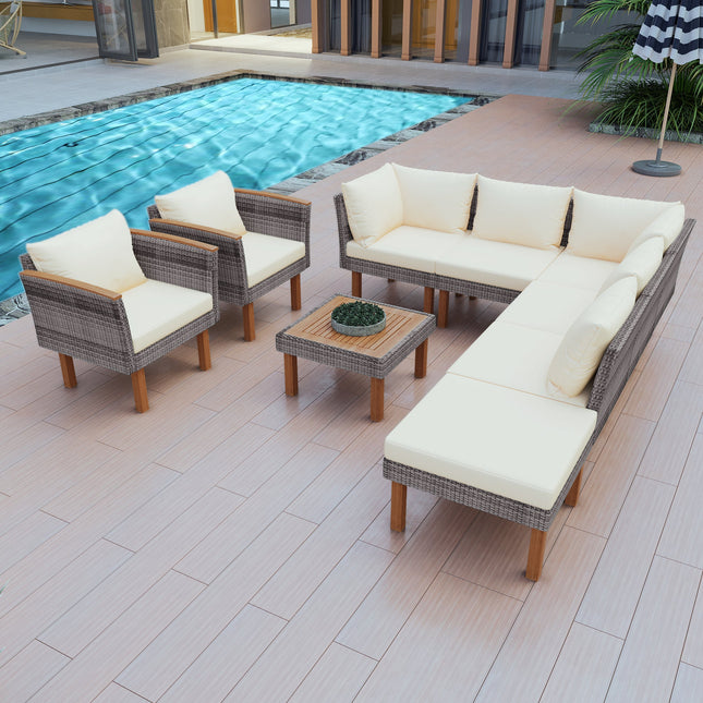 9 - piece Patio rattan furniture set with Acacia wooden legs and tabletop sofa set, coffee table washable cushion beige - Patio Furniture | Patioza