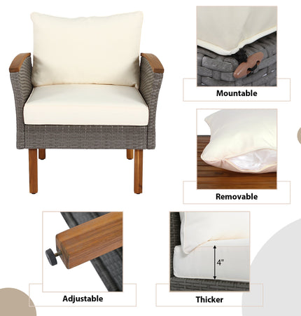 9 - piece Patio rattan furniture set with Acacia wooden legs and tabletop sofa set, coffee table washable cushion beige - Patio Furniture | Patioza