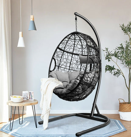 Hanging Cushioned Hammock Chair with Stand - Gray - Patio Furniture | Patioza