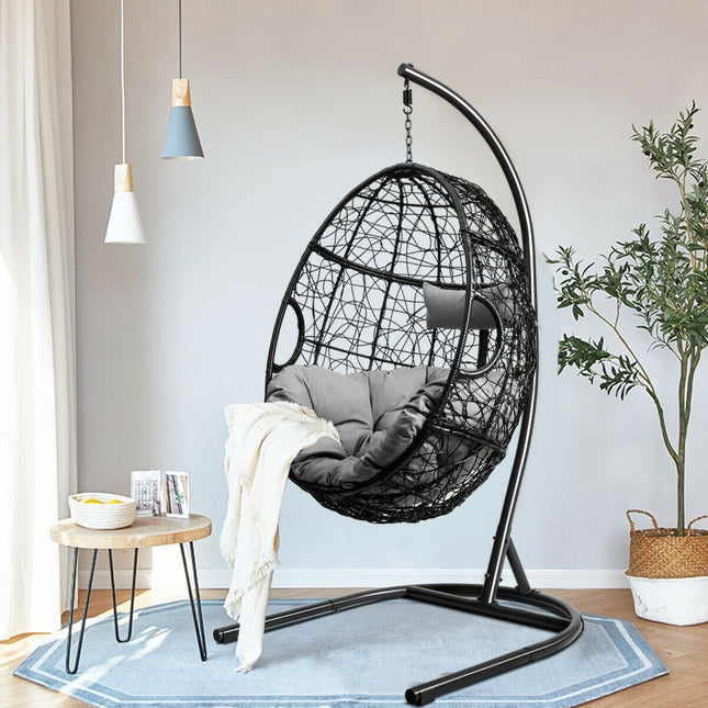 Hanging Cushioned Hammock Chair with Stand - Gray - Patio Furniture | Patioza