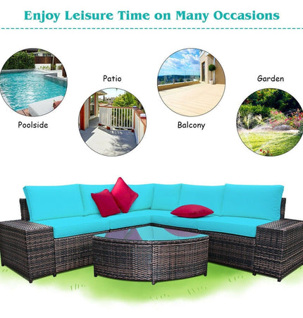6 Piece Wicker Patio Sectional Sofa Set with Tempered Glass Coffee Table - Turquoise - Patio Furniture | Patioza
