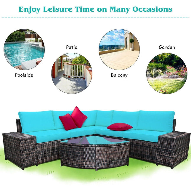 6 Piece Wicker Patio Sectional Sofa Set with Tempered Glass Coffee Table - Turquoise - Patio Furniture | Patioza