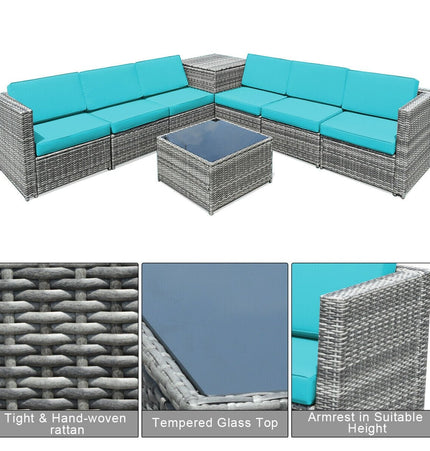 8 Piece Wicker Sofa Rattan Dinning Set Patio Furniture with Storage Table - Turquoise - Patio Furniture | Patioza