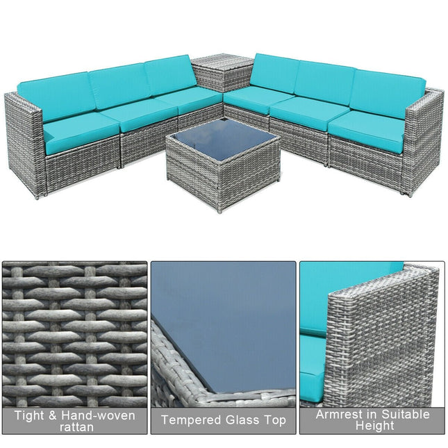 8 Piece Wicker Sofa Rattan Dinning Set Patio Furniture with Storage Table - Turquoise - Patio Furniture | Patioza