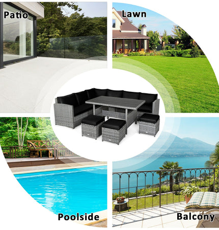 7 Pieces Patio Rattan Dining Furniture Sectional Sofa Set with Wicker Ottoman - Black - Patio Furniture | Patioza