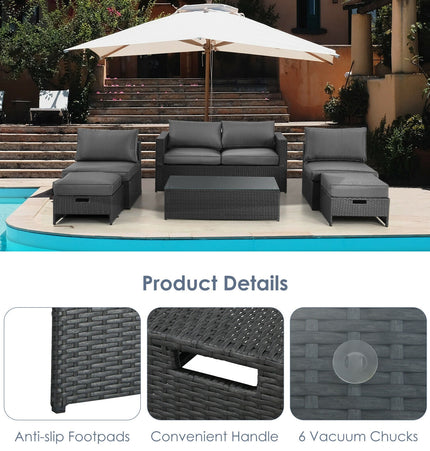 6 Pieces Patio Rattan Furniture Set with Glass Table and Cushioned Seat - Gray - Patio Furniture | Patioza