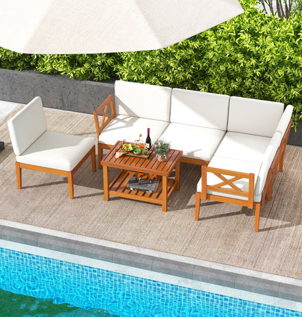 6 Pieces Acacia Wood Patio Furniture Set with Cushions and 2 - Tier Coffee Table - White - Patio Furniture | Patioza